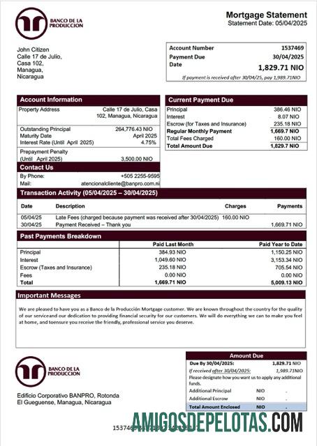 imprimível Modelo Word e PDF de extrato hipotecário do Banco De La Produccion da Nicarágua